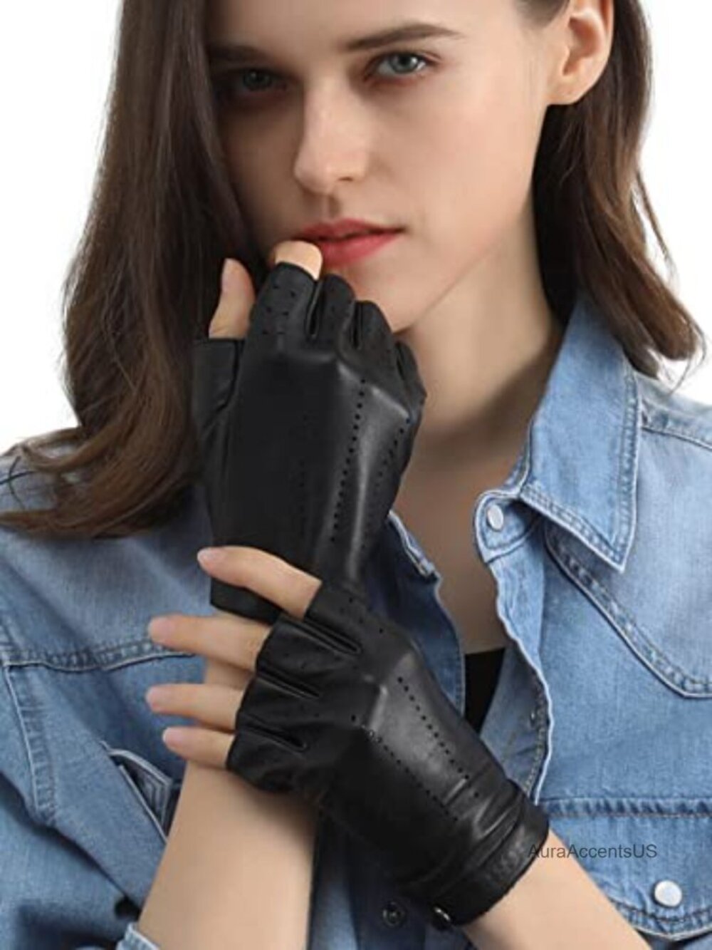 Womens Fingerless Sheepskin Leather Gloves Driving Motorcycle